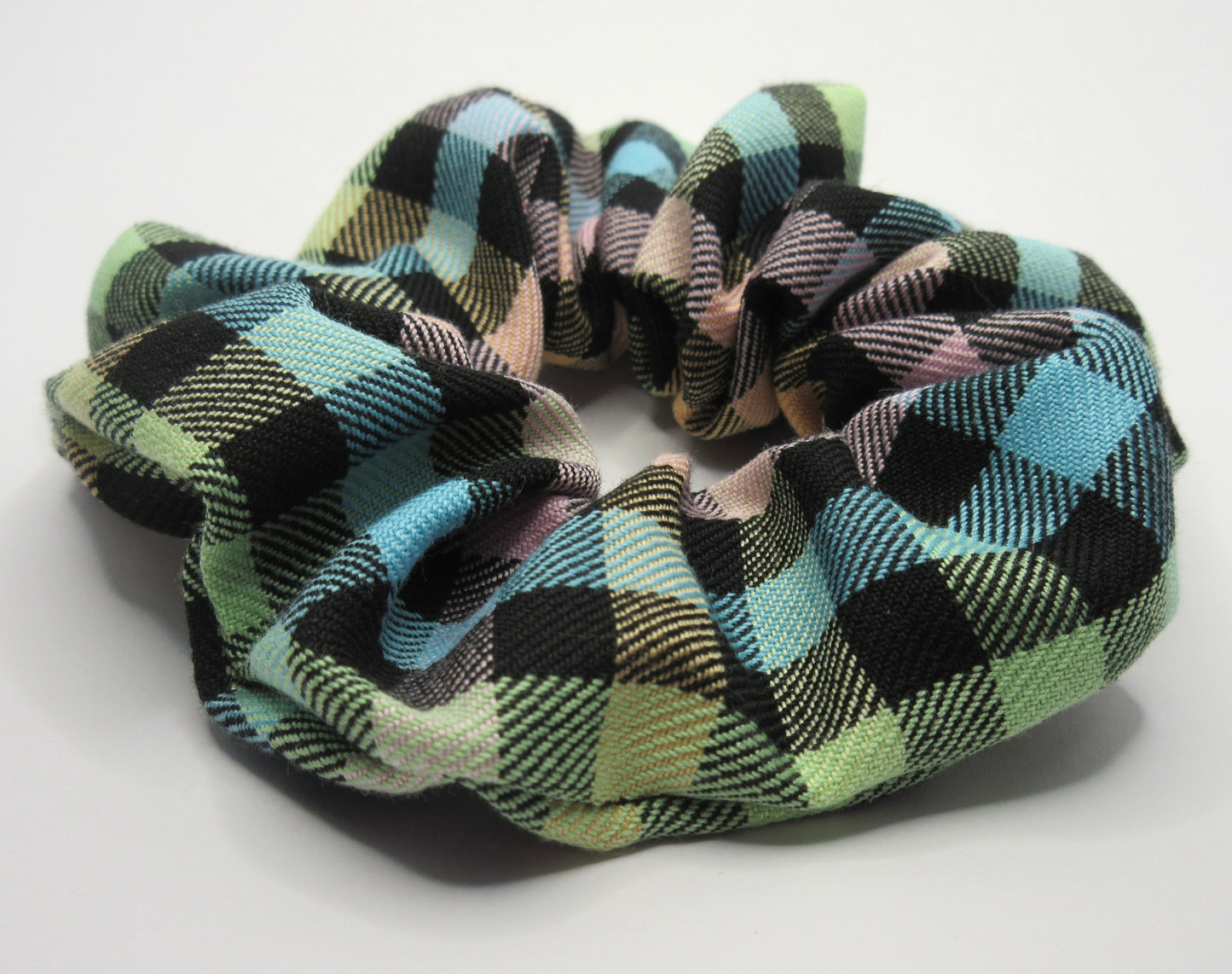 Pastel Rainbow and Black Tartan Scrunchie