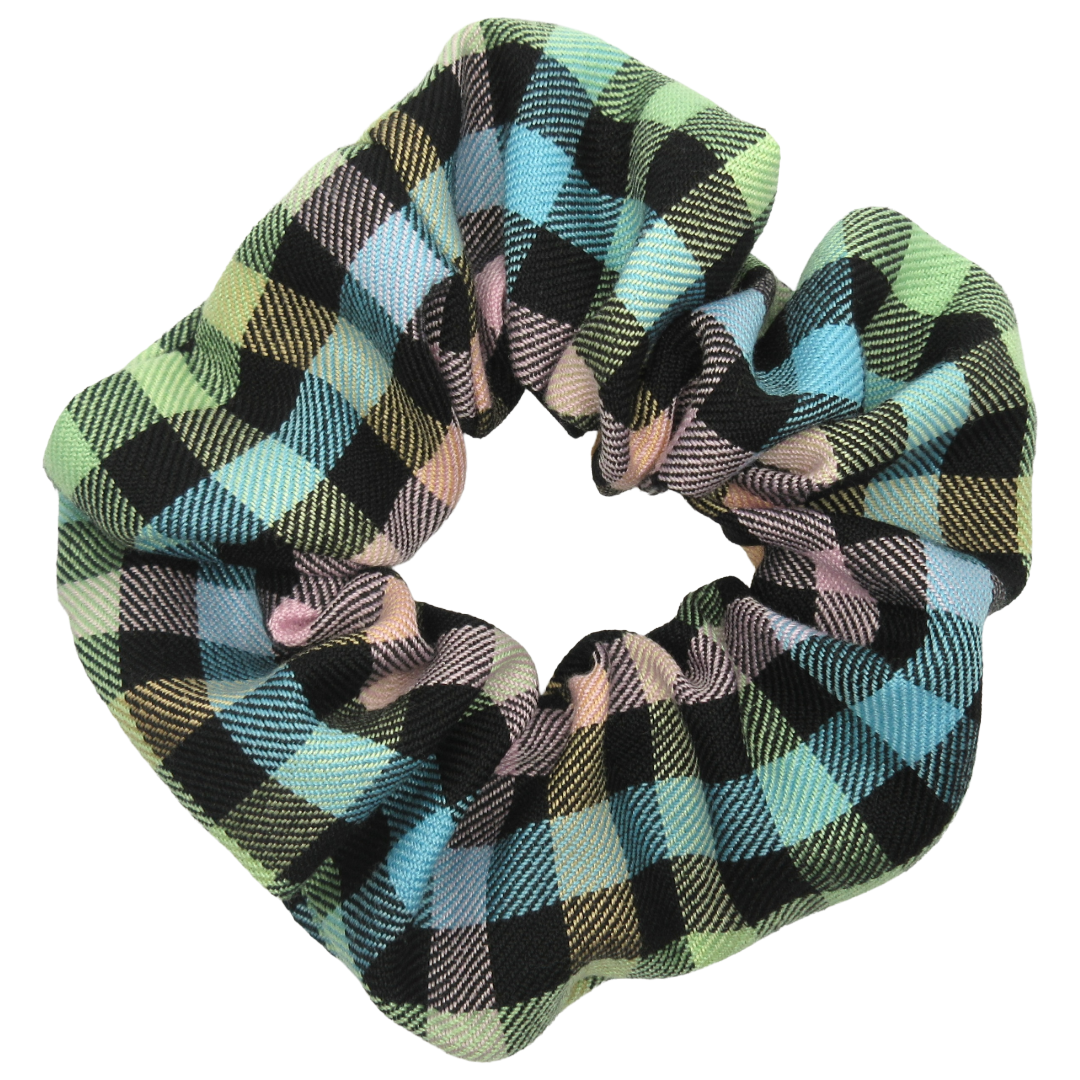 Pastel Rainbow and Black Tartan Scrunchie