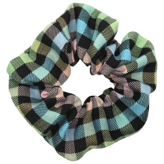 Pastel Rainbow and Black Tartan Scrunchie