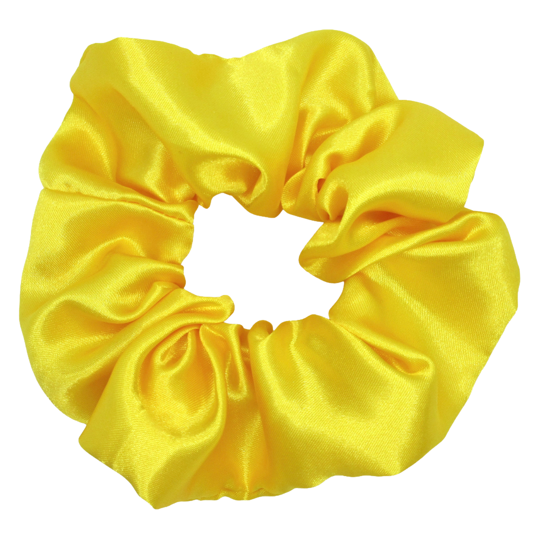 Yellow satin scrunchie on a white background
